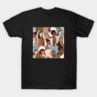 Seamless pattern with women different nationalities and cultures. Girl power, feminism, sisterhood background. T-Shirt